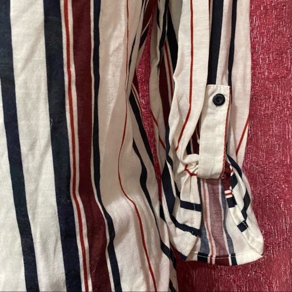 Fue 21 Cream Navy Red Stripe Off Shoulder Shirt - Picture 3 of 4